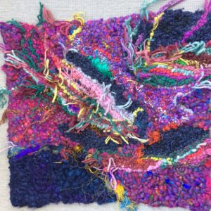 Human Pluripotent Stem Cell, 14" x14", 2018, linen burlap backing, wool, cotton and synthetic fibers. Human Pluripotent Stem Cell, 14" x14", 2018, linen burlap backing, wool, cotton and synthetic fibers.