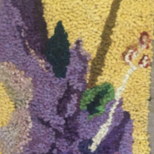Hibiscus on Ocher Wall #2, 2020, hand-cut wool, yarn, silk, and synthetic fibers on linen burlap. Sold