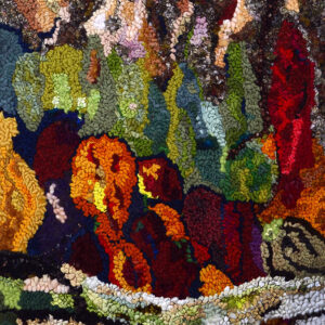 Forest Wilderness #1, 2019, 18" x 24", hand-cut wool, yarn, silk, and synthetic fibers on linen burlap. Detailed and altered from J.E.H.McDonald's Forest Wilderness, 1921. Forest Wilderness #1