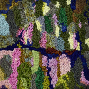 Forest Wilderness #3, 10" x 10", 2019, hand-cut wool, yarn, silk, and synthetic fibers on linen burlap. Detailed and altered from J.E.H.McDonald's Forest Wilderness, 1921. Forest Wilderness #3