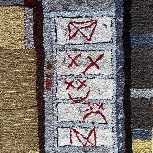 Graffiti: Parkway Laneway, 2021, 32″ x 24″, hand-cut wool, yarn, silk, and synthetic fibers on linen burlap. $500