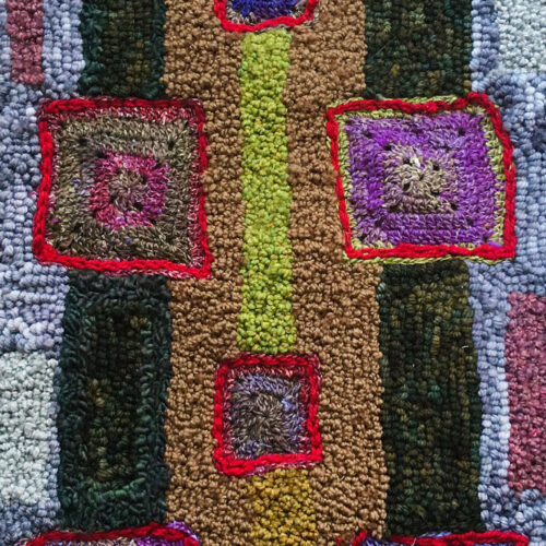 Table Runner Granny Square Collage no.2, 2020, 32" x 15", hand-cut wool, yarn, and silk on linen burlap. $200